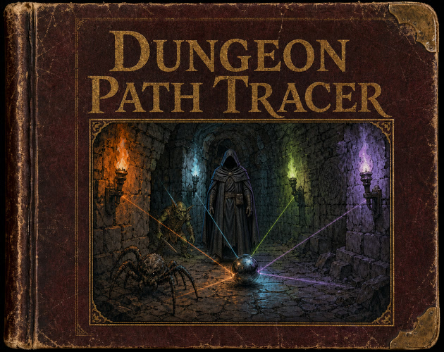 Dungeon Path Tracer cover with the hooded hero and colored torches